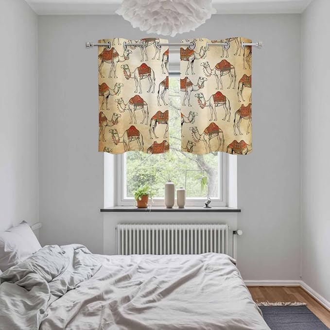 2 Panel Kitchen Cafe Curtains, Desert Sand Camel Sunlight Filtering Nature Air Through, Home Decor Window Covering Tier Curtains for Living Room 55W x 39L inch Summer Tropical Animals Vintage Beige