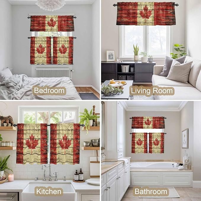 Kitchen Curtains Tiers and Valance Set of 3, Canada Light Filtering Window Curtain Set, Red Maple Leaf Flag Farmhouse Shabby Wooden Grain Rod Pocket Curtain Drapes for Living Room, 36 Inches Tiers