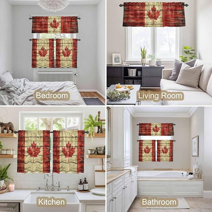 Kitchen Curtains Tiers and Valance Set of 3, Canada Light Filtering Window Curtain Set, Red Maple Leaf Flag Farmhouse Shabby Wooden Grain Rod Pocket Curtain Drapes for Living Room, 36 Inches Tiers