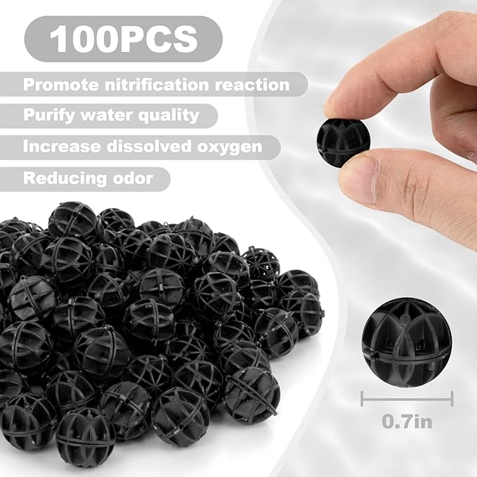 Aquarium Bio Balls - 100pcs Black Bulk Sump Filter Media with Sponge Biological Filtration Media for Koi Pond,Fish Tank,Canister,Air Pump