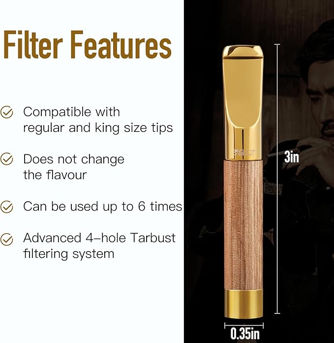 Reusable Washable Cigarette Filter Tips Mouthpiece Handcrafted Solid Wood Metal Smoking Cigarette Filter Never Fade Suitable for Coarse Fine Medium Birthdays Christmas Father Day Gift (Rosewood)