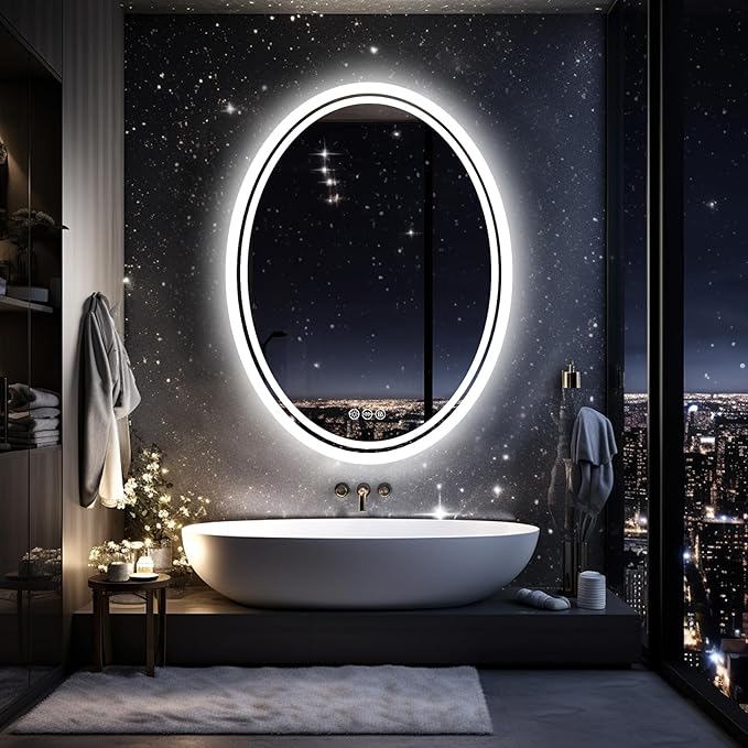 LUVODI Lighted LED Bathroom Mirror: 32”x24” Oval Wall Mounted Dimmable Makeup Mirror Anti-Fog with Back Lit - Illuminated 3 Colors Vanity Mirrors with Demister Pad Smart Touch Switch IP56 Rated