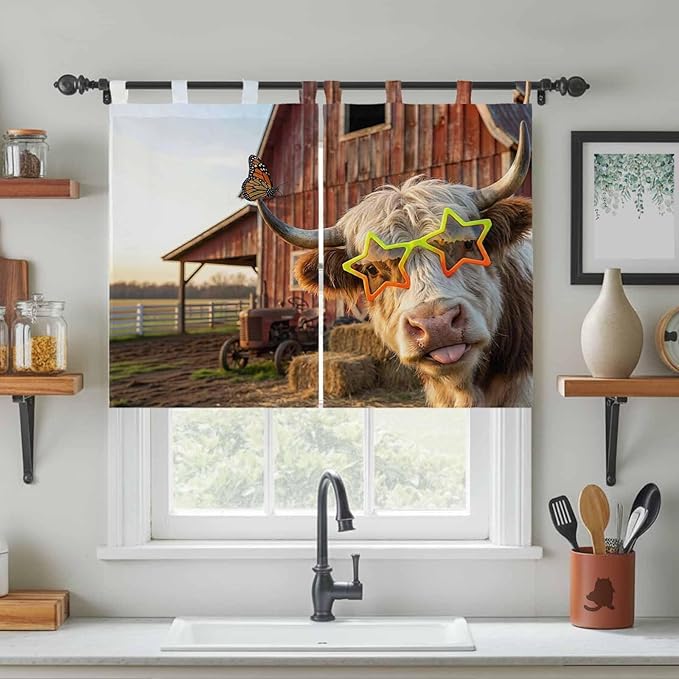 Farm Yaks Bedroom Curtains 63 Inch Length, Window Curtains Tab Top, Farmhouse Barn Funny Animals Butterfly Light Filtering Window Treatments Drapes 42"x63" 2 Panel