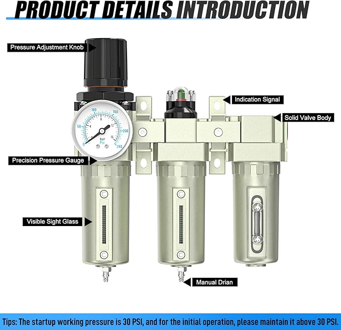 Heavy Duty Industrial Grade 1/2" NPT 3 Stage Air Drying System,Coalescing Filter, Particulate Filter, Desiccant Dryer and Air Regulator, Manual Drain, For Plasma Cutter and Paint Spray