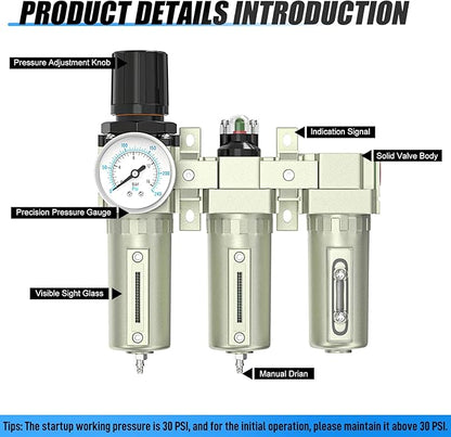 Heavy Duty Industrial Grade 1/2" NPT 3 Stage Air Drying System,Coalescing Filter, Particulate Filter, Desiccant Dryer and Air Regulator, Manual Drain, For Plasma Cutter and Paint Spray