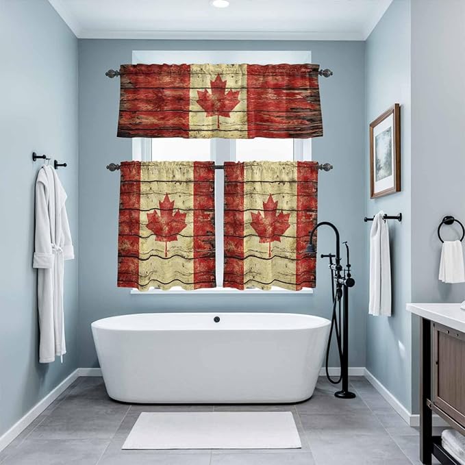 Kitchen Curtains Tiers and Valance Set of 3, Canada Light Filtering Window Curtain Set, Red Maple Leaf Flag Farmhouse Shabby Wooden Grain Rod Pocket Curtain Drapes for Living Room, 36 Inches Tiers