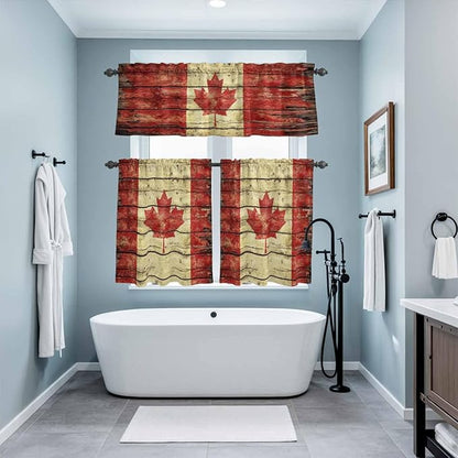 Kitchen Curtains Tiers and Valance Set of 3, Canada Light Filtering Window Curtain Set, Red Maple Leaf Flag Farmhouse Shabby Wooden Grain Rod Pocket Curtain Drapes for Living Room, 24 Inches Tiers