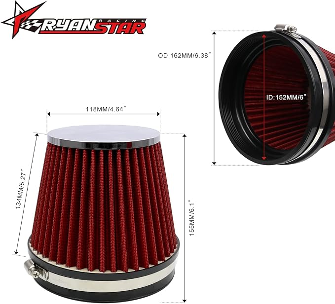 RYANSTAR RACING 152mm 6" High Flow Round Tapered Cone Closed-Top Washable Clamp-On Dry Air Filter short 155mm tall