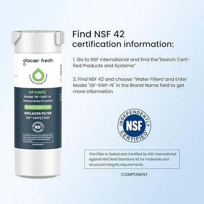 GLACIER FRESH Water Filter Compatible with XWFE (Built-in CHIP), Replacement for GE XWFE, XWF Refrigerator Water Filter NSF/ANSI 42 Certification Pack of 3