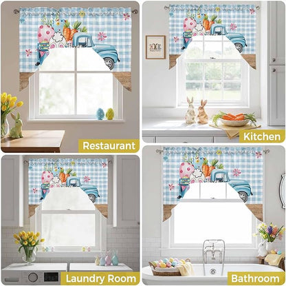 Swag Valance Curtains, Easter Truck with Rabbit Eggs Carrot Rod Pocket Valances Swag Topper for Kitchen Windows, Wood Barn and Blue Checker Light Filtering Short Curtain for Bedroom Bathroom 56x36In