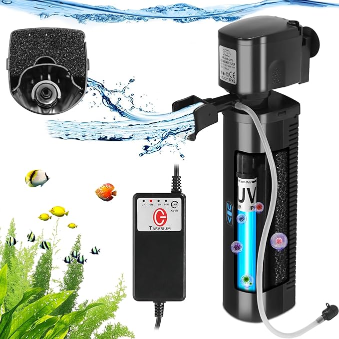 Aquarium U-V Filter 290GPH w/ Scientific Timer for 40-150 Gallon Fish Turtle Tank Internal Filter Bio Sponge Submersible Power Pump w/ Aeration Deodorization Saltwater Freshwater Green Clean Machine