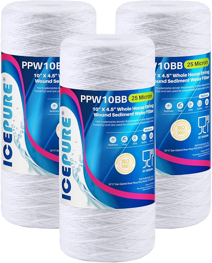 ICEPURE 25 Micron 10”x4.5'' Whole House Sediment String Wound Water Filter Replacement filter for 84637, WPX5BB97P, PC10, 355214-45, 355215-45, WP10BB97P, WP5BB97P, 3PACK