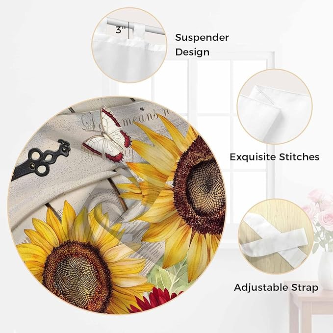 Red Yellow Sunflowers Bathroom Curtains 63 Inch Length, Window Curtains Tab Top, Retro Rustic Barn Doors Butterfly Brown Light Filtering Window Treatments Drapes 52"x63" 2 Panel