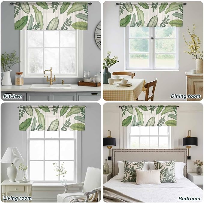 Summer Palm Leaf Sheer Valance Curtains, Green Tropical Plants Nature Leaves Linen Light Filtering Kitchen Valances Rod Pocket Voile Curtain Window Treatment for Bedroom/Living Room/Basement 54Wx18L