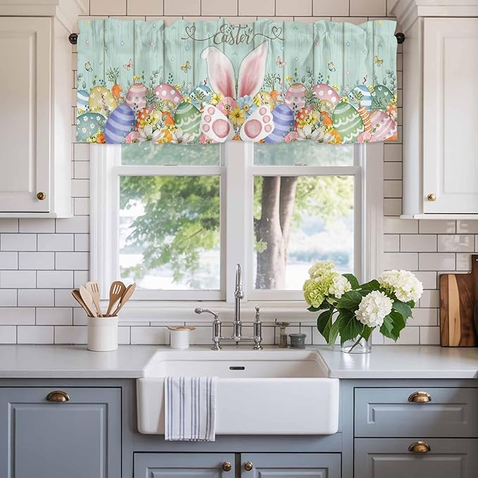 Easter Curtain Valances for Windows, Kitchen Valance Window Treatment, Spring Rabbit Ear Eggs Floral Green Wooden Grain Light Filtering Block Curtains for Bathroom/Bedroom/Living Room 54'' x 18''