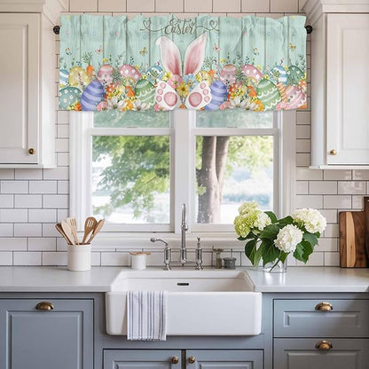 Easter Curtain Valances for Windows, Kitchen Valance Window Treatment, Spring Rabbit Ear Eggs Floral Green Wooden Grain Light Filtering Block Curtains for Bathroom/Bedroom/Living Room 54'' x 18''