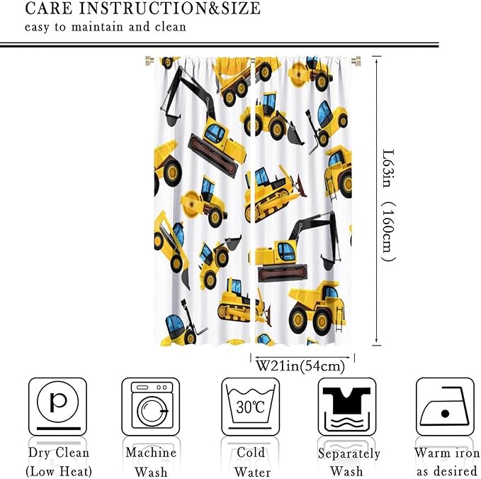Kids Construction Equipment Window Curtains, Excavator Tractor Tow Truck Rod Pocket Decorative Windows Curtain for Children Teens Boys Girls Room Decor 42x63in (30% Blackout)