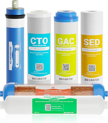 Max Water Replacement Filter Set for Standard 6 Stage Reverse Osmosis Water Filter System Filters - 10 inch Standard Size Water Filters Sediment, GAC, CTO, Mixed Bed DI, RO Membrane 100 GPD