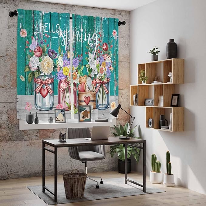Spring Flowers Kitchen Curtains, Farmhouse Watercolor Teal Wood Grain Light Filtering Window Curtain Panels, 2Pcs Rod Pocket Window Treatments Set for Living Room Bathroom Bedroom 42x63 Inches