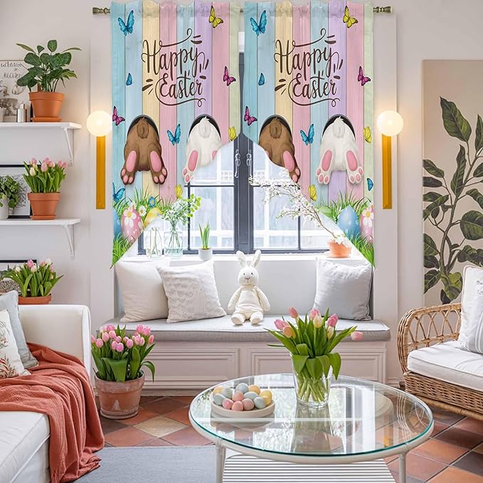 Swag Curtain Valances for Kitchen Windows,Happy Easter Rabbit Butt Egg on Daisy Leaf Short Rod Pocket Window Valance,Bufferfly on Wood Barn Swag Topper for Bedroom Living Room,2 Panels 28x36in