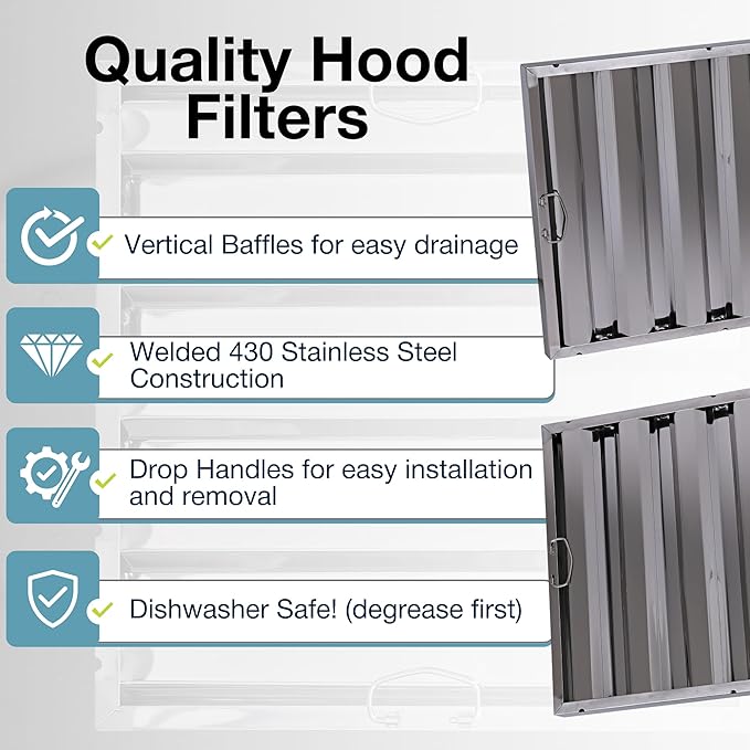 25" x 20" Stainless Steel Commercial Hood Filter – Dishwasher Safe, Welded Baffle Grease Trap with Drop Handles – Easy Installation & Durable Grease Fire Prevention Filter