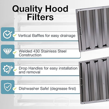 25" x 20" Stainless Steel Commercial Hood Filter – Dishwasher Safe, Welded Baffle Grease Trap with Drop Handles – Easy Installation & Durable Grease Fire Prevention Filter