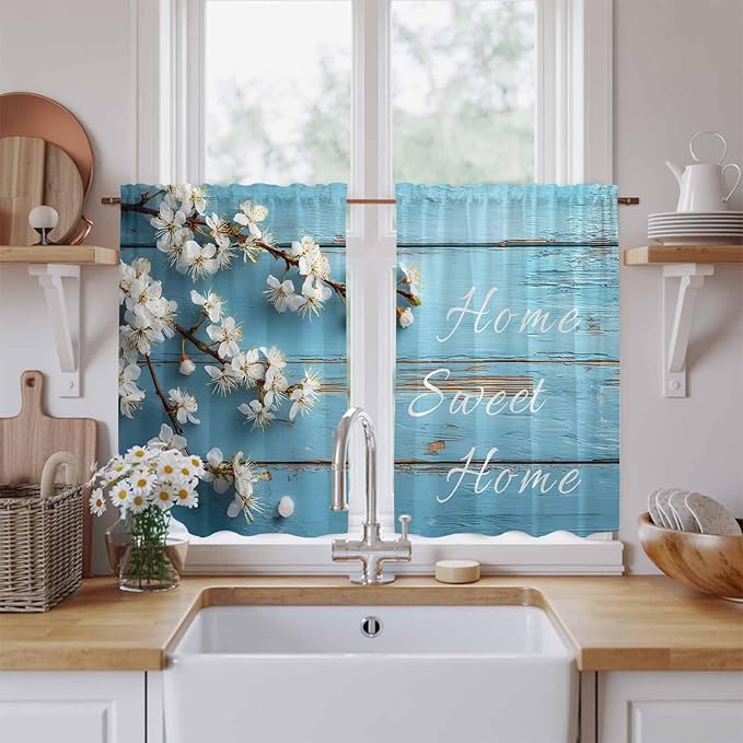 Farmhouse Wooden Grain Kitchen Curtains, Vintage Shabby Chic Flower Blue Light Filtering Window Curtain Panels, 2Pcs Rod Pocket Window Treatments Set for Cabin Bathroom Bedroom 52x45 Inches