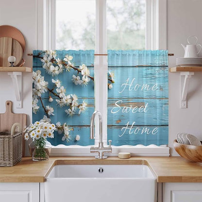 Farmhouse Wooden Grain Kitchen Curtains, Vintage Shabby Chic Flower Blue Light Filtering Window Curtain Panels, 2Pcs Rod Pocket Window Treatments Set for RV Dining Room Study Room 42x54 Inches