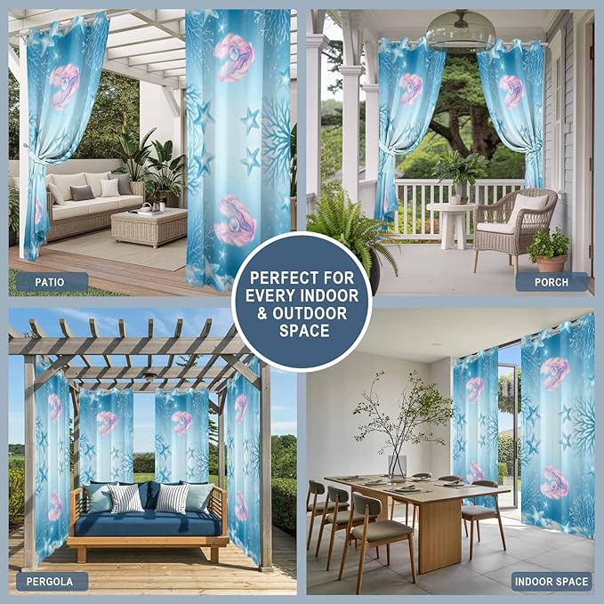 Ocean Shell Outdoor Curtains for Patio Corals Starfish Summer Marine Waterproof Outside Curtains with Grommet Top Weatherproof Curtain for Cabana Pergola Gazebo, 1 Panel, 54" W x 108" L