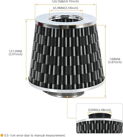 PTNHZ Universal Carbon Fiber 2.5" 63mm High Flow Cold Air Intake Cone Air Filter Power Intake Air Inlet System Air Cleaner