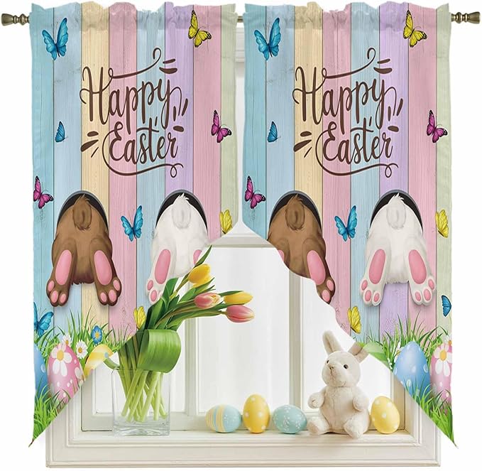 Swag Curtain Valances for Kitchen Windows,Happy Easter Rabbit Butt Egg on Daisy Leaf Short Rod Pocket Window Valance,Bufferfly on Wood Barn Swag Topper for Bedroom Living Room,2 Panels 36x45in