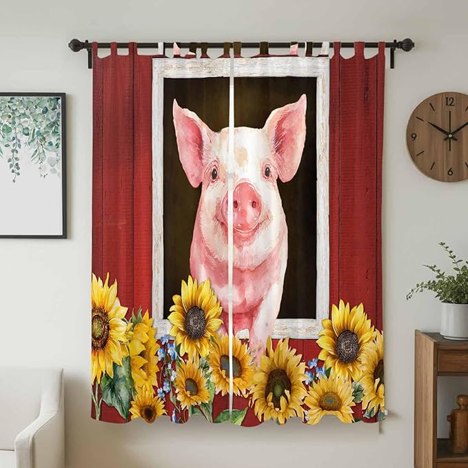 Pigs Sunflowers Living Room Curtains 96 Inch Length, Window Curtains Tab Top, Farmhouse Red Barn Flowers Animals Light Filtering Window Treatments Drapes 52"x96" 2 Panel