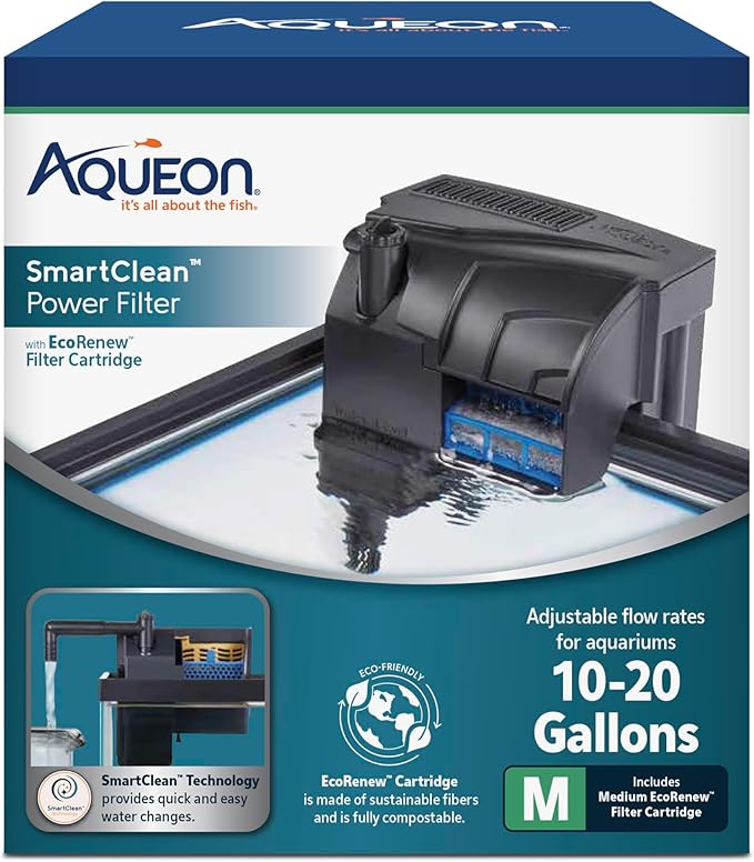 Aqueon SmartClean Power Filter with EcoRenew Filter Cartridge, Quick and Easy Water Changes, Quiet Operation, Adjustable Flow, for 10-20 Gallon Freshwater and Saltwater Aquariums, Medium