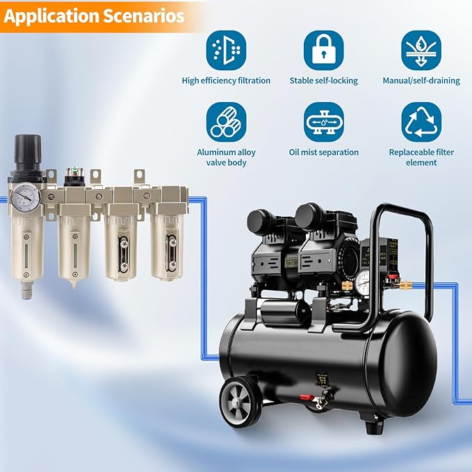 1/2" NPT Industrial Grade 4 Stage Air Compressor Drying System, 0-240 PSI, Particulate & Coalescing Filters, Auto Drain Air Compressor Water Separator System Filter Oil for Paint Spray＆ Plasma Cutter