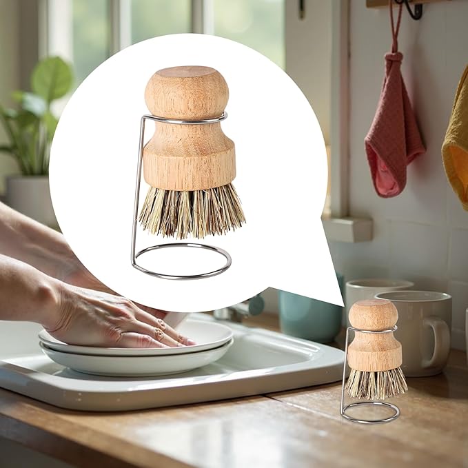 Kitchen Brush, Scrubber Cleaner with Wooden Handle and Drain Rack, Dish Scrubber for Sink Pots Pans Shower Bathroom Grout Tile Washing