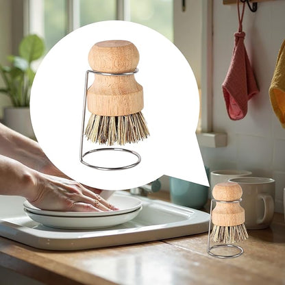 Kitchen Brush, Scrubber Cleaner with Wooden Handle and Drain Rack, Dish Scrubber for Sink Pots Pans Shower Bathroom Grout Tile Washing