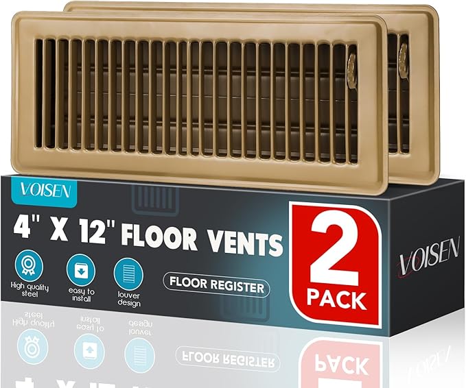 VOISEN Floor Register 4x12, 2 Pack Floor Vent Covers, Steel Adjustable Air Supply Grille Register Vent Cover Grill for Sidewall and Floor, Vent Covers for Home Floor,Brown