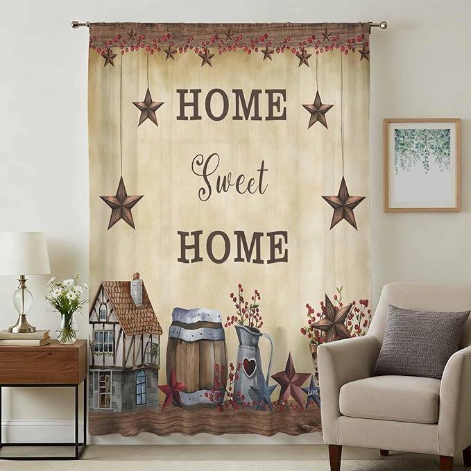 Farm Sheer Curtains 72 Inch Length American Country Barn Star Vintage Berry Brown Chiffon Curtain for Bedroom Living Room Light Filtering Rod Pocket Window Treatments Voile Curtains Drapes for Dining