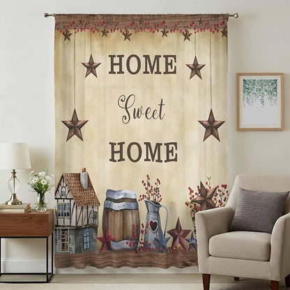 Farm Sheer Curtains 72 Inch Length American Country Barn Star Vintage Berry Brown Chiffon Curtain for Bedroom Living Room Light Filtering Rod Pocket Window Treatments Voile Curtains Drapes for Dining