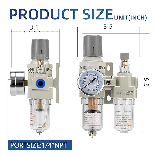1/4" NPT Compressed Air Filter Regulator Lubricator Combination Water/Oil Trap Separator - Specifications (0-150 psi),5 Micron Brass Element,polyethylene Bowl,Manual Drain,Bracket