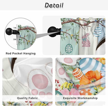 Easter Window Curtains 72 Inch Long 2 Panel Set,Rod Pocket Long Curtains & Drapes,Spring Watercolor Bunny Eggs Wood Grain Teal Blue Light Filtering Window Treatment for Bedroom Living Room 52"W x 72"L