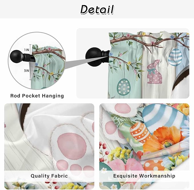 Easter Kitchen Curtains 45 Inch Long 2 Panel Set, Rod Pocket Window Treatment, Spring Watercolor Bunny Eggs Wood Grain Teal Blue Light Filtering Panels Short Drapes for Bathroom Camper 42"W x 45"L