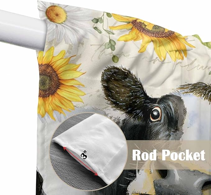 Yellow Sunflowers Swag Valances for Windows, Country Cow Flower Butterfly Farmhouse Cream Rod Pocket Kitchen Curtains Valance, Small Window Curtains Swag for Cafe Living Room, 2 Panels, 36x36 inch