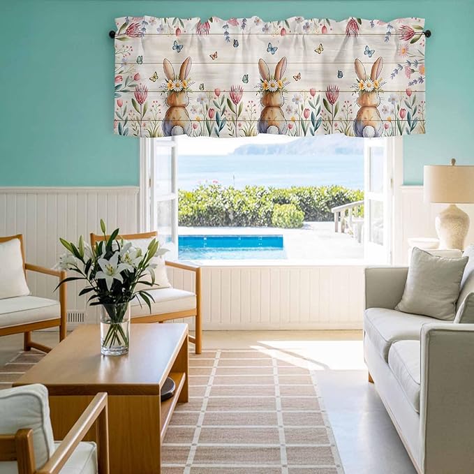 Easter Curtain Valances for Windows, Kitchen Valance Window Treatment, Spring Bunny Butterfly Botanical Wooden Grain Light Filtering Block Curtains for Bathroom/Bedroom/Living Room 60'' x 18''