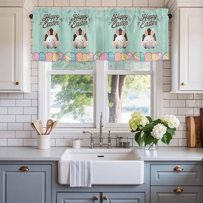 Green Easter Curtain Valances for Windows, Kitchen Valance Window Treatment, Spring Cartoon Bunny Colorful Eggs Wood Grain Light Filtering Block Curtains for Bathroom/Bedroom/Living Room 42'' x 18''