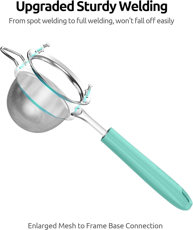 U-Taste Small Fine Mesh Strainer: 18/8 Stainless Steel 3.35in 30 Mesh Kitchen Food Sieve with Sturdy Riveted Silicone Handle, Heavy Duty Deep Handheld Metal Colander for Tea, Juice (Aqua Sky)