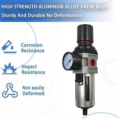 HengMinLingTong AW3000-03D 3/8" NPT Compressed Air Filter Regulator Combo Piggyback, 5 Micron Brass Element, Poly Bowl, Auto Drain, Metal Bracket, 0-150 psi Gauge