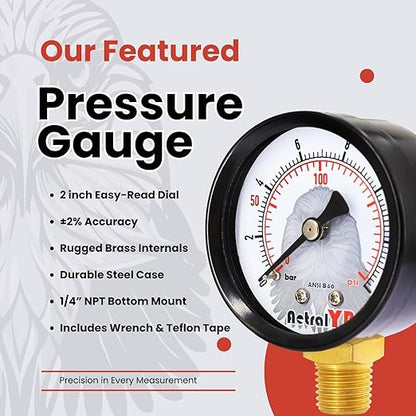 2-inch Pool Filter Pressure Gauge,60PSI, 1/4" NPT (Dry Lower 0-200PSI)