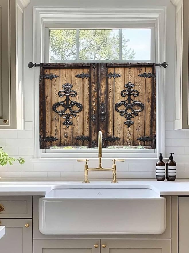 Sheer Curtains 54 Inch Length, Barn Door Semi Sheer Curtains Light Filtering Window Treatment, Farmhouse Wooden Grain Rustic Tribal Pattern Privacy Voile Drapes for Living Room Bedroom 52x54 Inch