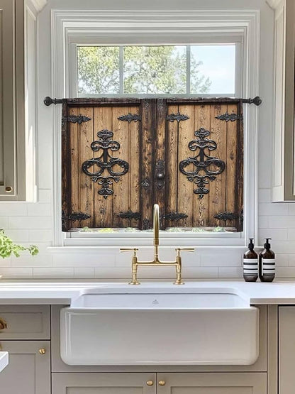 Sheer Curtains 45 Inch Length, Barn Door Semi Sheer Curtains Light Filtering Window Treatment, Farmhouse Wooden Grain Rustic Tribal Pattern Privacy Voile Drapes for Living Room Bedroom 52x45 Inch